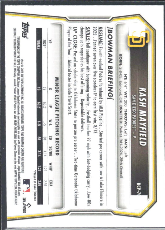 Kash Mayfield 2026 Bowman Chrome Prospects #BCP-70 – baksida