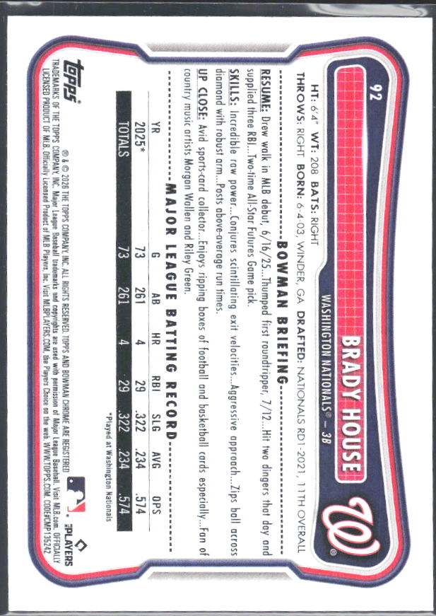 Brady House 2026 Bowman RC #92 – baksida