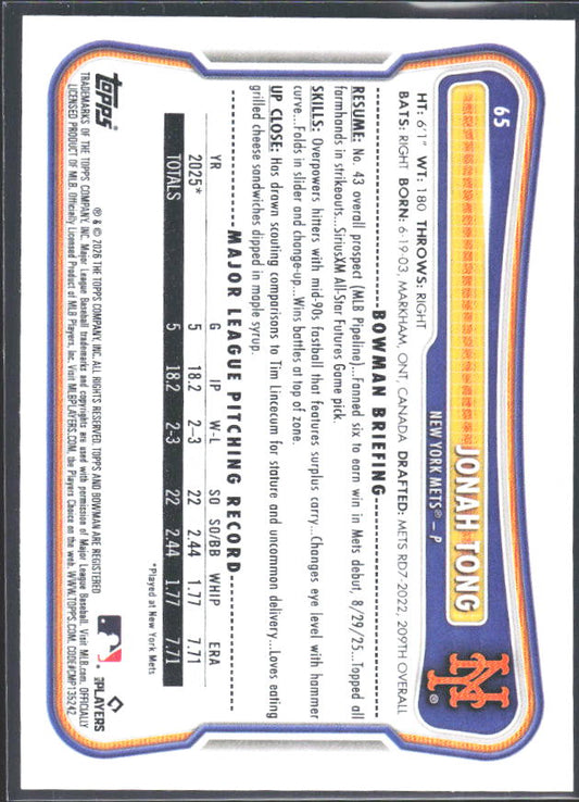 Jonah Tong 2026 Bowman RC #65 – baksida