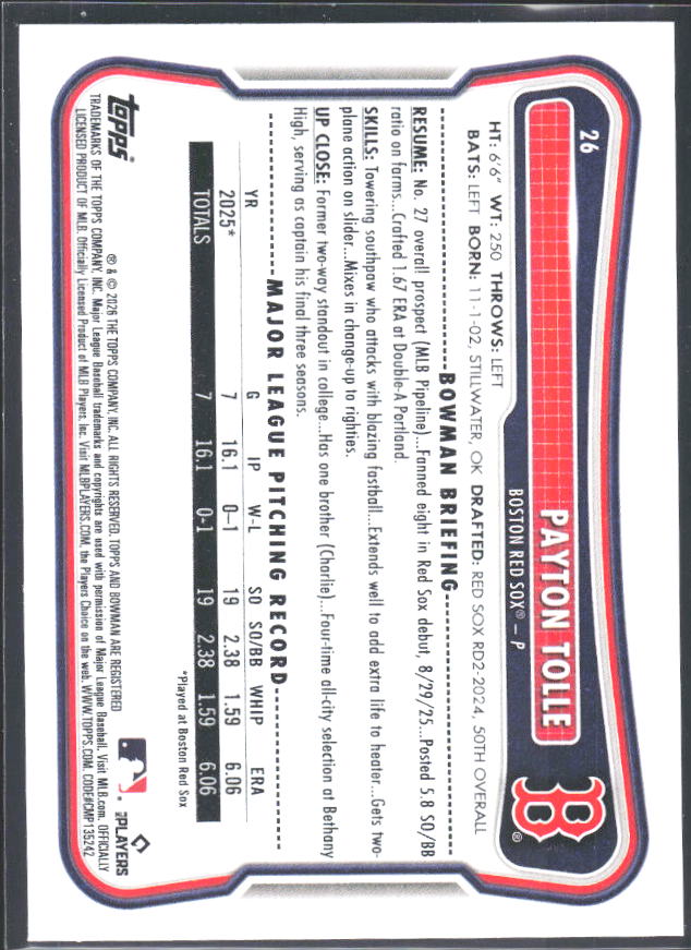 Payton Tolle 2026 Bowman RC #26 – baksida