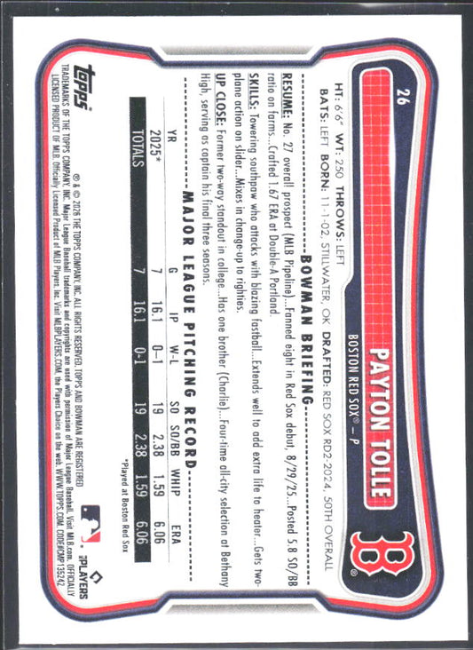 Payton Tolle 2026 Bowman RC #26 – baksida
