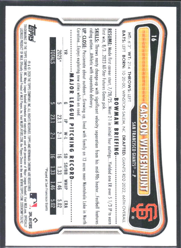 Carson Whisenhunt 2026 Bowman RC #16 – baksida