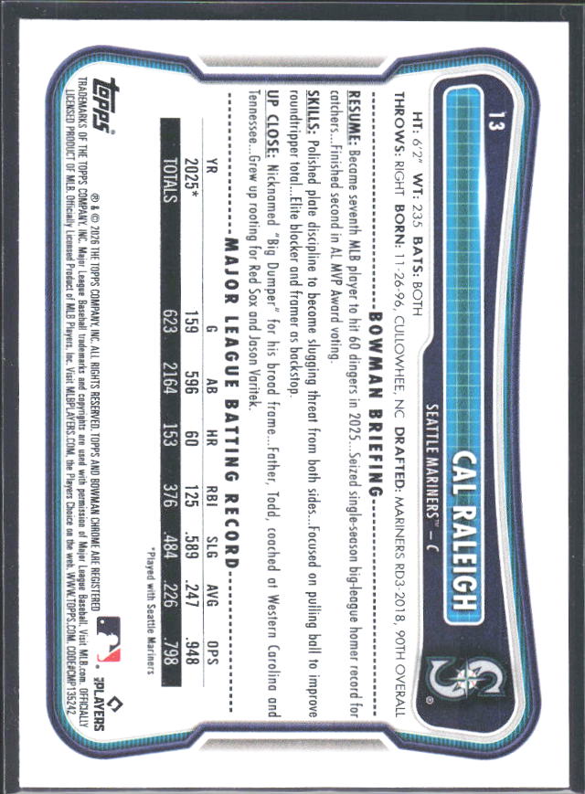 Cal Raleigh 2026 Bowman #13 – baksida