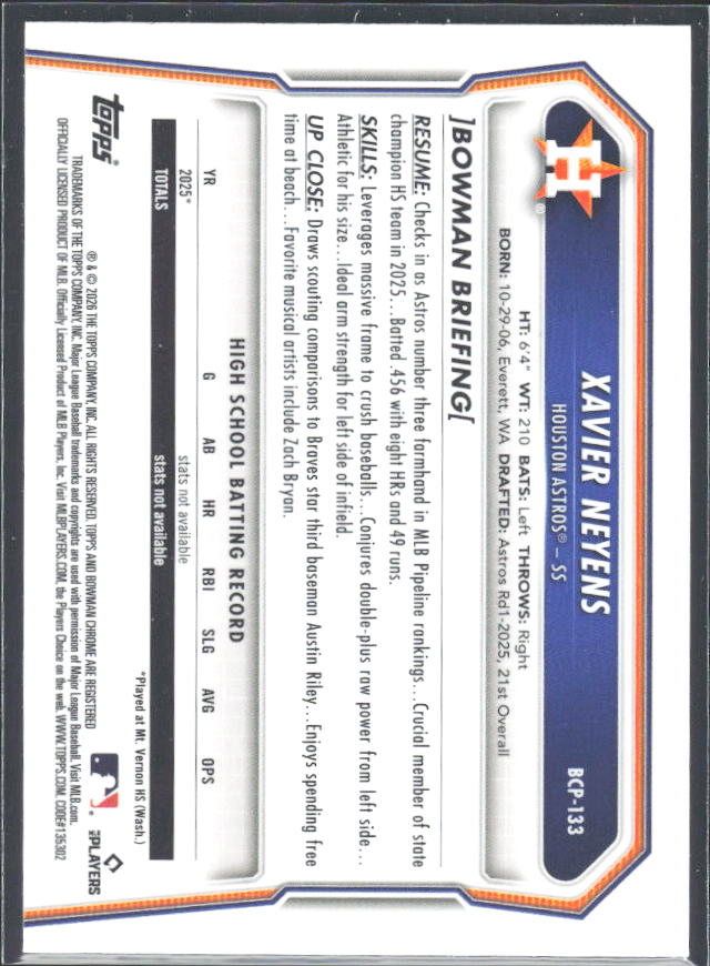Xavier Neyens 2026 Bowman Chrome Prospects #BCP-133 – baksida