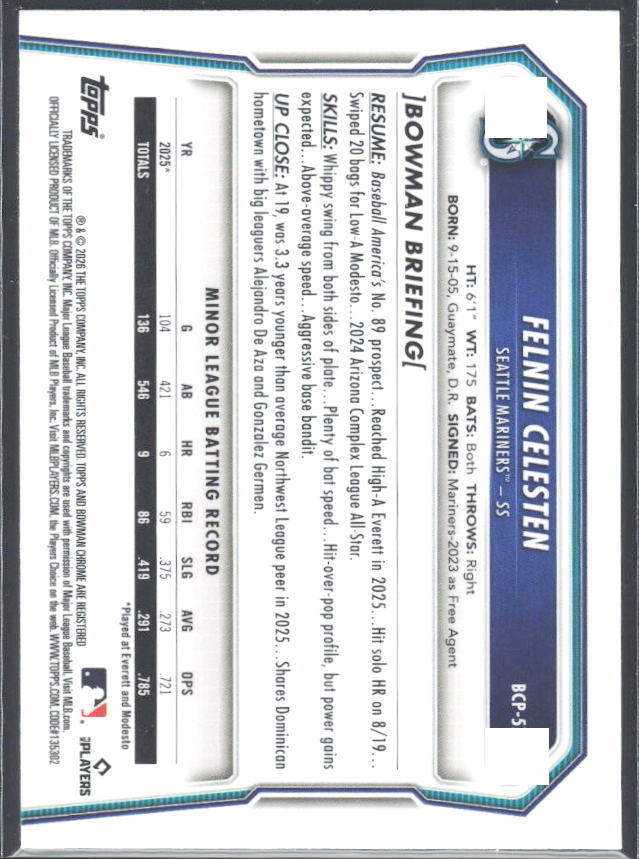 Felnin Celesten 2026 Bowman Chrome Prospects #BCP-57 – baksida