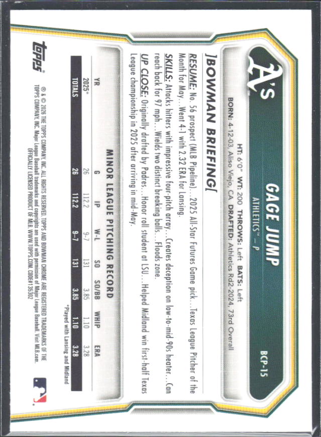 Gage Jump 2026 Bowman 1st Chrome Prospects #BCP-15 – baksida