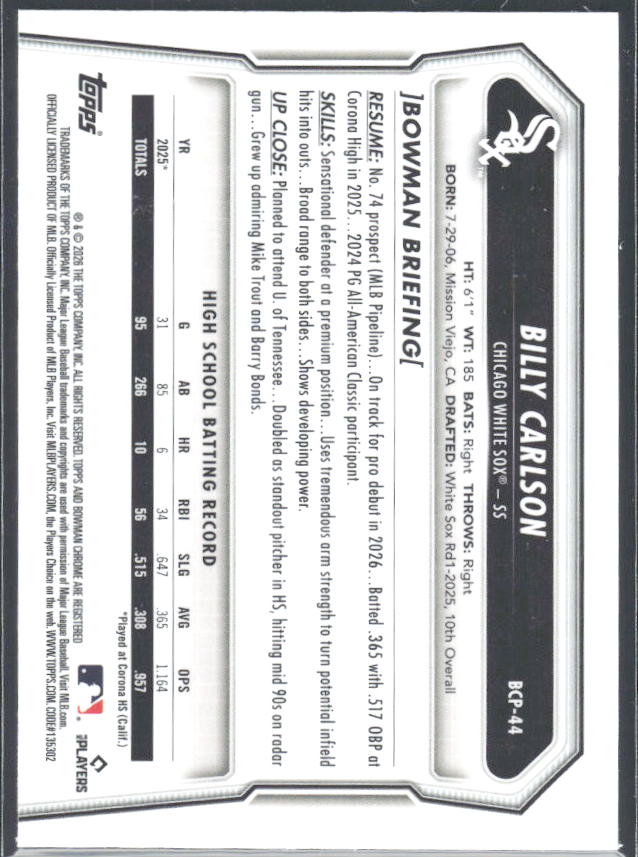 Billy Carlson 2026 Bowman Chrome Prospects #BCP-44 – baksida