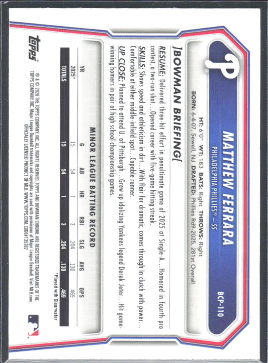 Matthew Ferrara 2026 Bowman 1st Chrome Prospects #BCP-110 – baksida