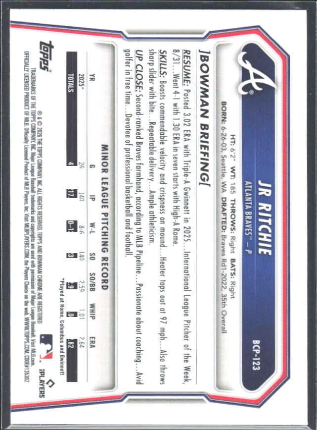 JR Ritchie 2026 Bowman Chrome Prospects #BCP-123 – baksida