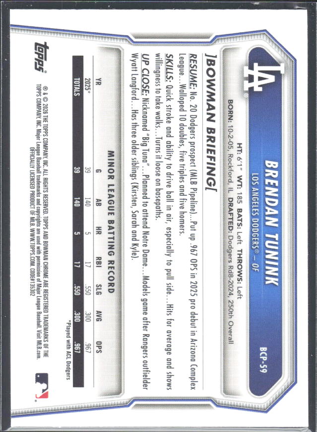 Brendan Tunink 2026 Bowman 1st Chrome Prospects #BCP-59 – baksida
