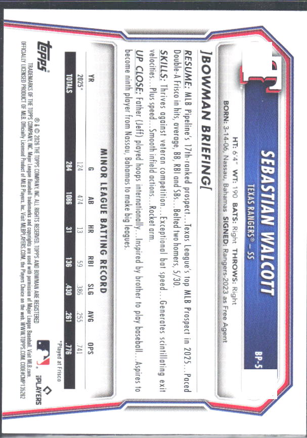 Sebastian Walcott 2026 Bowman Prospects #BP-51 – baksida