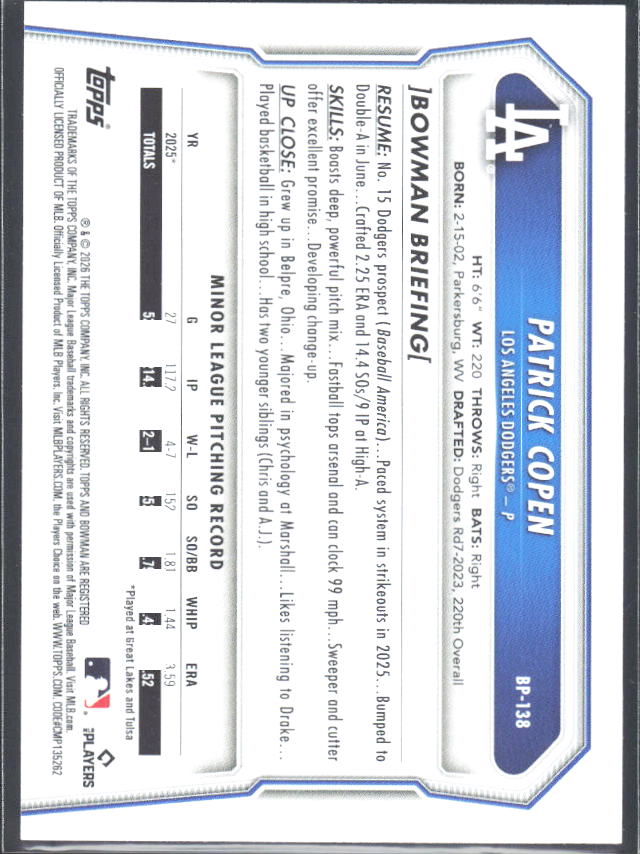 Patrick Copen 2026 Bowman 1st Prospects #BP-138 – baksida