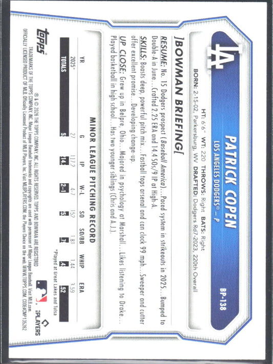 Patrick Copen 2026 Bowman 1st Prospects #BP-138 – baksida