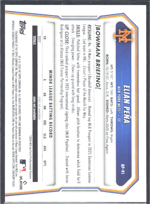 Elian Peña 2026 Bowman Prospects #BP-91 – baksida