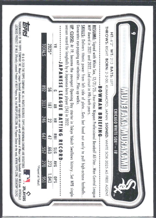 Munetaka Murakami 2026 Bowman RC #9 – baksida