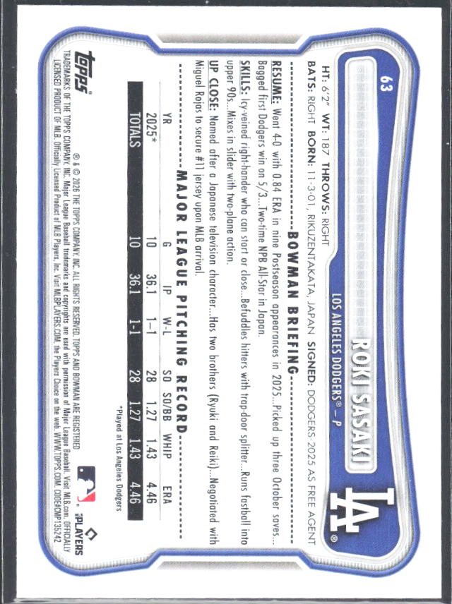 Roki Sasaki 2026 Bowman #63 – baksida