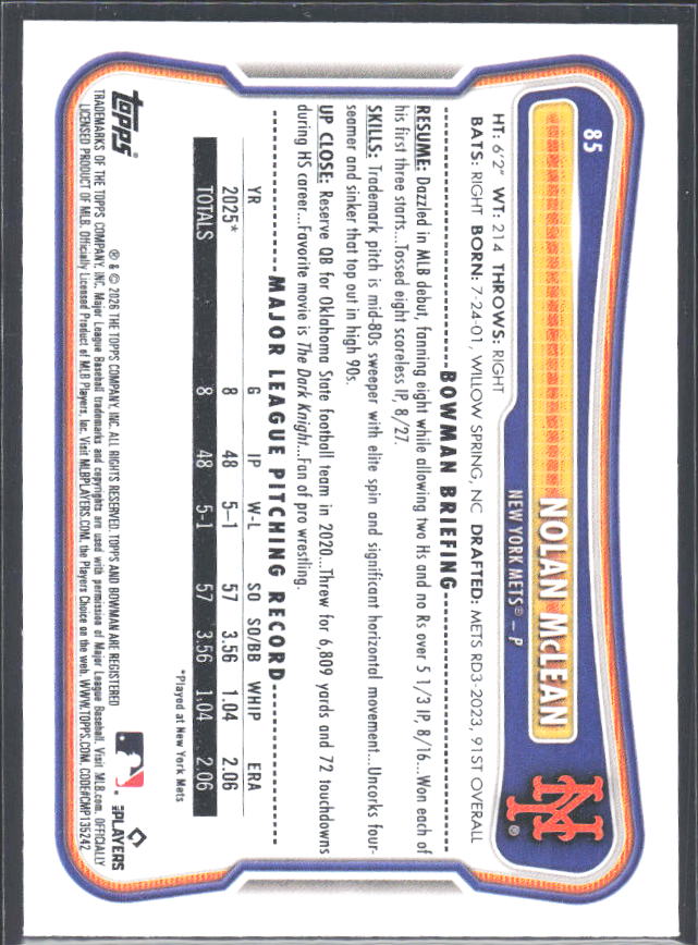 Nolan McLean 2026 Bowman RC #85 – baksida
