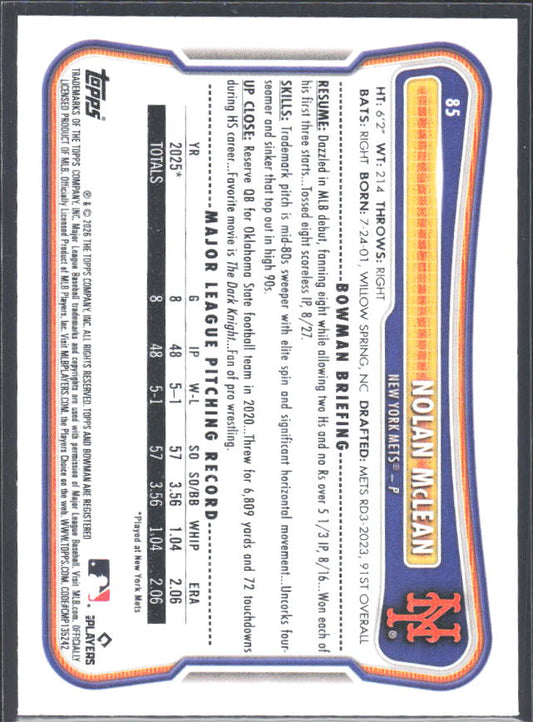 Nolan McLean 2026 Bowman RC #85 – baksida