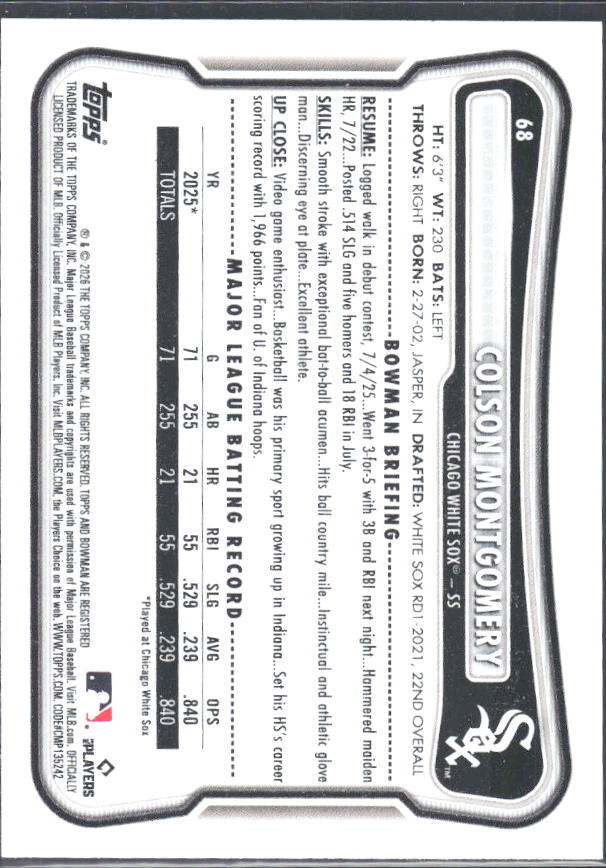 Colson Montgomery 2026 Bowman RC #68 – baksida
