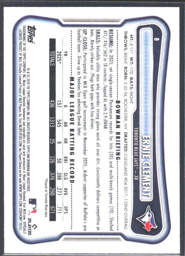 Ernie Clement 2026 Bowman #8 – baksida