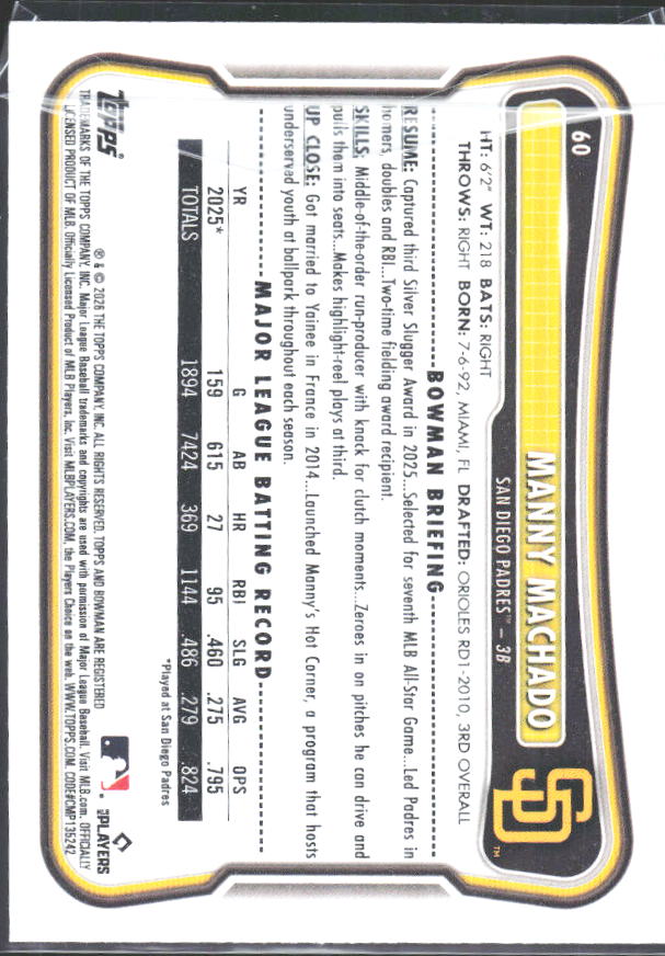 Manny Machado 2026 Bowman #60 – baksida