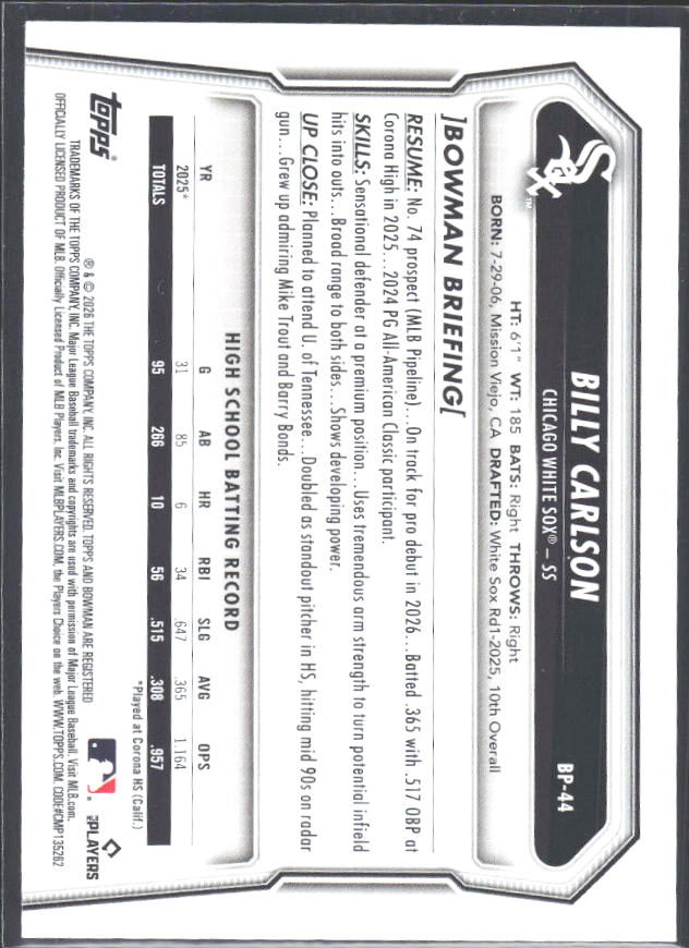 Billy Carlson 2026 Bowman Prospects #BP-44 – baksida