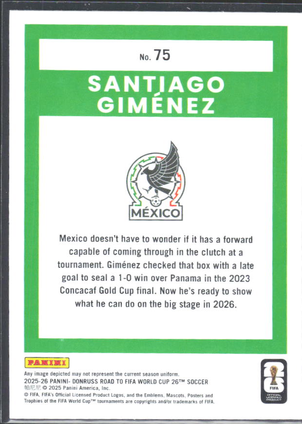 Santiago Giménez 2025-26 Donruss Road to FIFA WC #75 – baksida