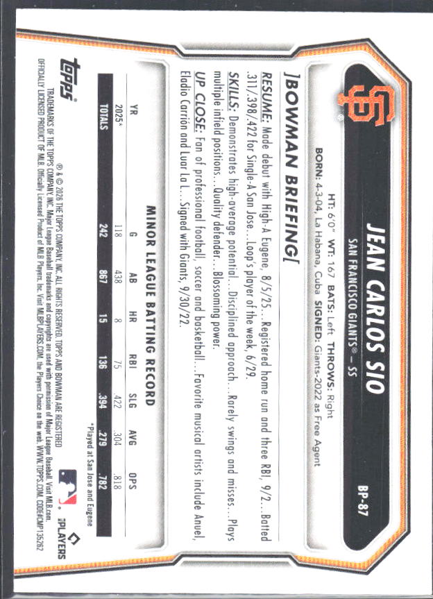 Jean Carlos Sio 2026 Bowman 1st Prospects #BP-87 – baksida