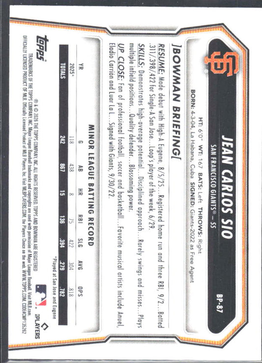 Jean Carlos Sio 2026 Bowman 1st Prospects #BP-87 – baksida