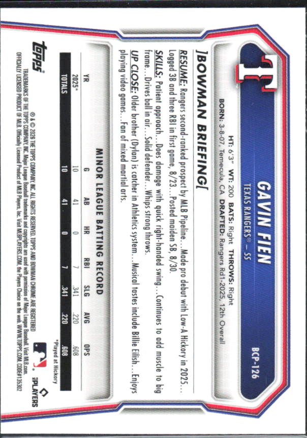 Gavin Fien 2026 Bowman Chrome Prospects #BCP-126 – baksida