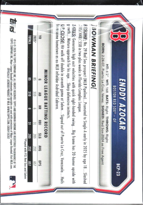 Enddy Azocar 2026 Bowman 1st Chrome Prospects #BCP-23 – baksida