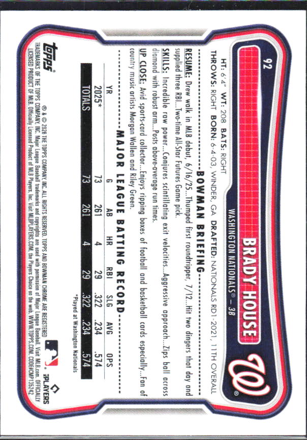 Brady House 2026 Bowman RC #92 – baksida