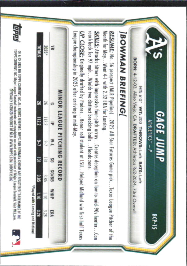Gage Jump 2026 Bowman 1st Chrome Prospects #BCP-15 – baksida