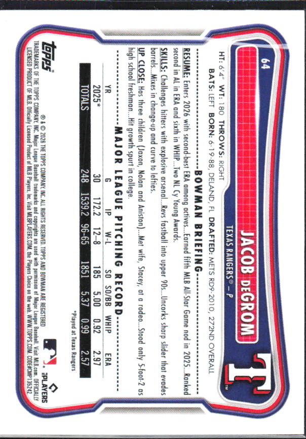 Jacob deGrom 2026 Bowman #64 – baksida