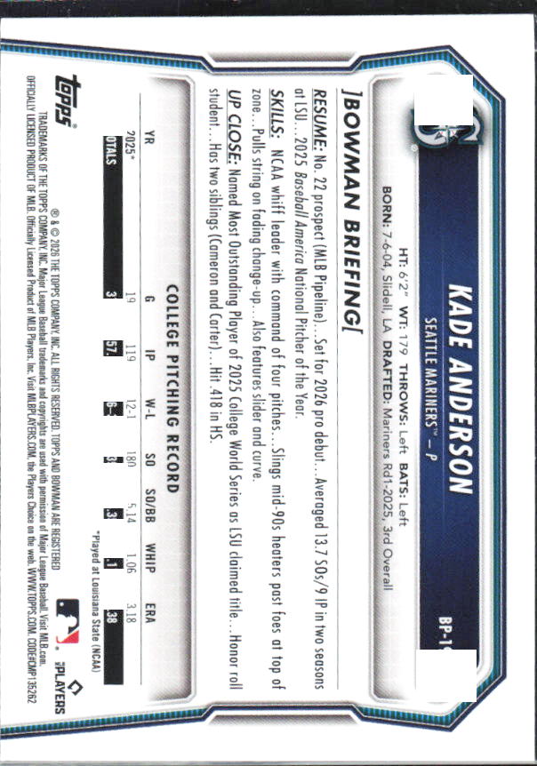 Kade Anderson 2026 Bowman Prospects #BP-19 – baksida