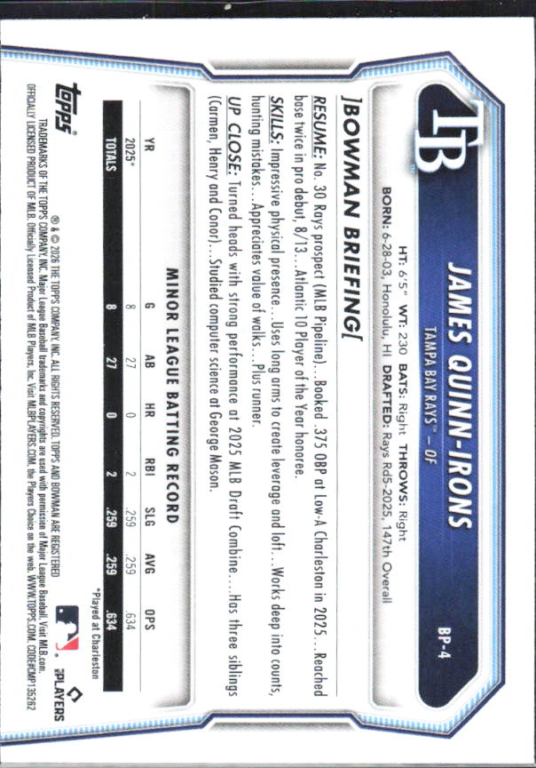 James Quinn-Irons 2026 Bowman 1st Prospects #BP-4 – baksida