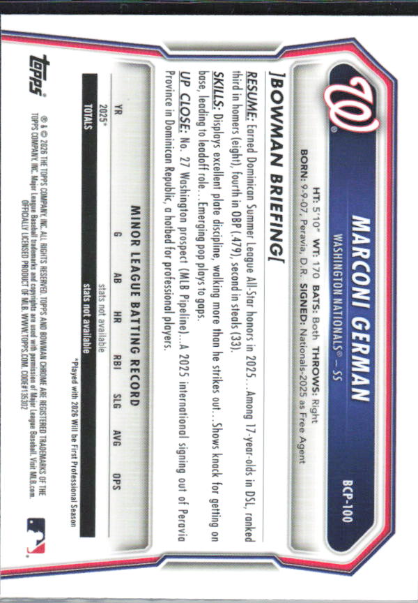 Marconi German 2026 Bowman 1st Chrome Prospects #BCP-100 – baksida