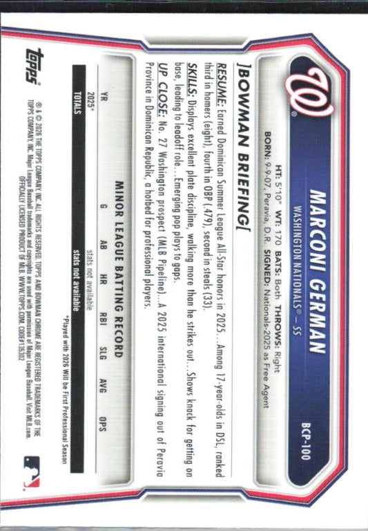 Marconi German 2026 Bowman 1st Chrome Prospects #BCP-100 – baksida