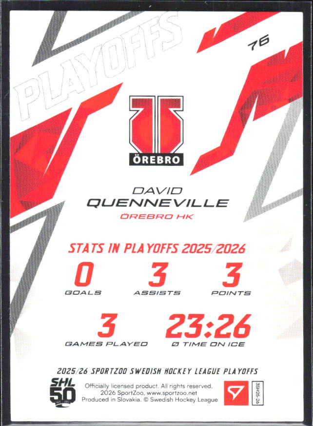 David Quenneville 2025-26 SHL Playoffs #75 – baksida