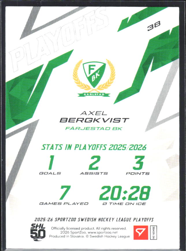 Axel Bergkvist 2025-26 SHL Playoffs #38 – baksida