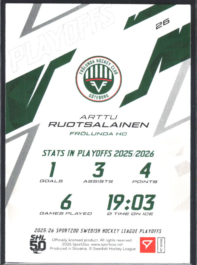 Arttu Ruotsalainen 2025-26 SHL Playoffs #26 – baksida