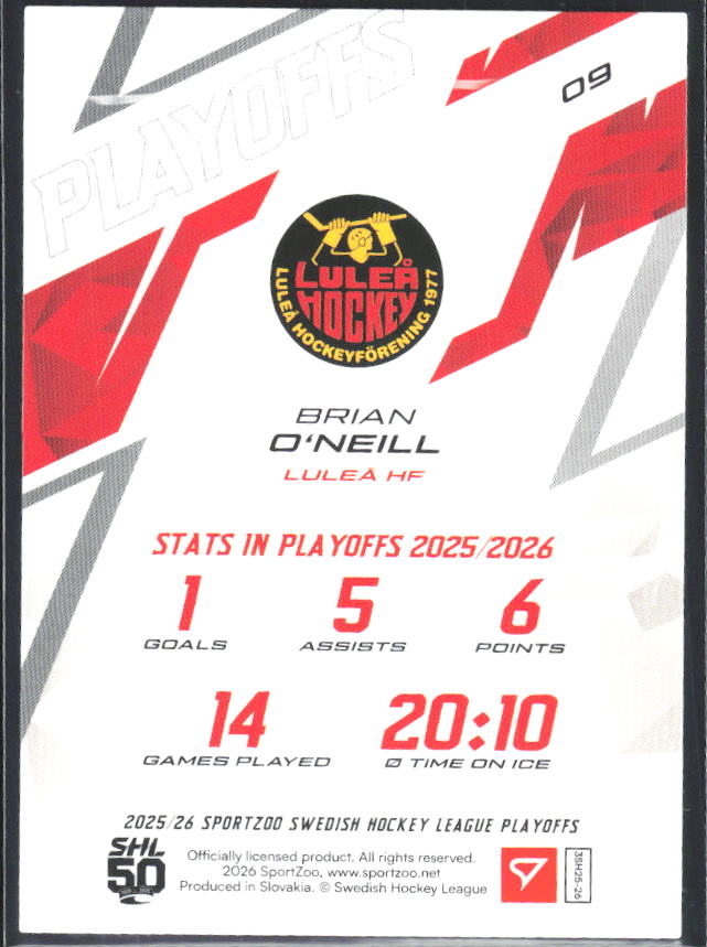 Brian O'Neill 2025-26 SHL Playoffs #09 – baksida