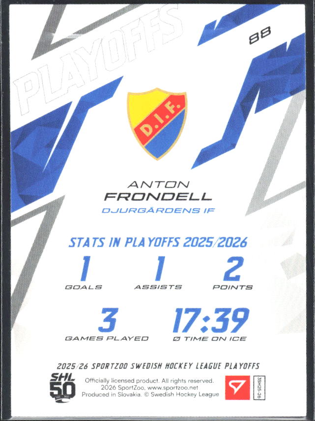 Anton Frondell 2025-26 SHL Playoffs #88 – baksida