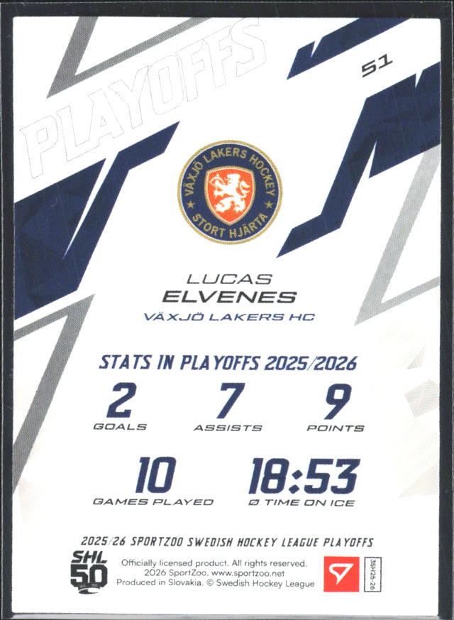 Lucas Elvenes 2025-26 SHL Playoffs #51 – baksida