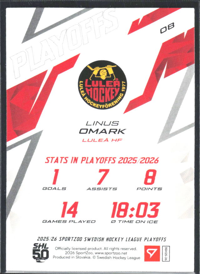 Linus Omark 2025-26 SHL Playoffs #08 – baksida