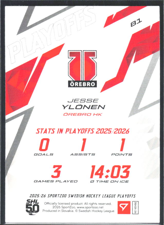 Jesse Ylönen 2025-26 SHL Playoffs #81 – baksida