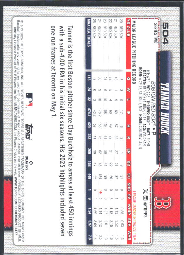 Tanner Houck 2026 Series 2 #504 – baksida