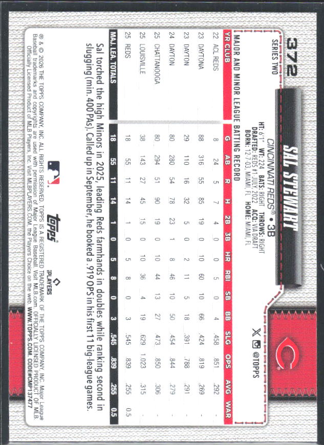 Sal Stewart 2026 Series 2 RC #372 – baksida