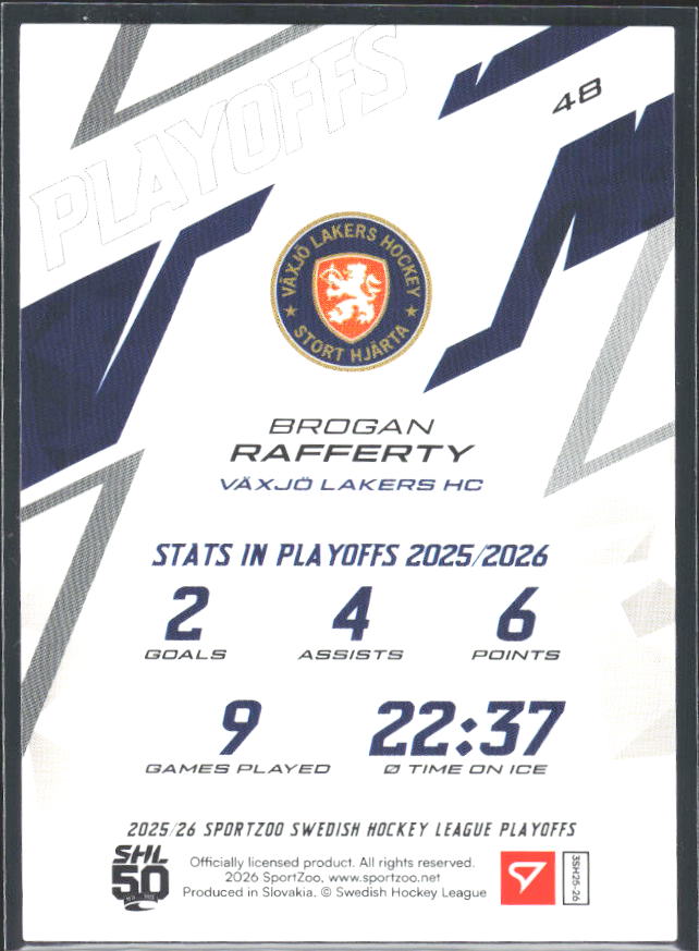 Brogan Rafferty 2025-26 SHL Playoffs #48 – baksida