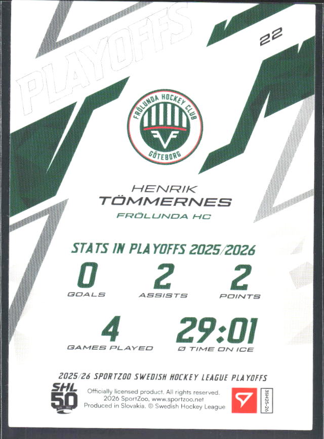 Henrik Tömmernes 2025-26 SHL Playoffs #22 – baksida